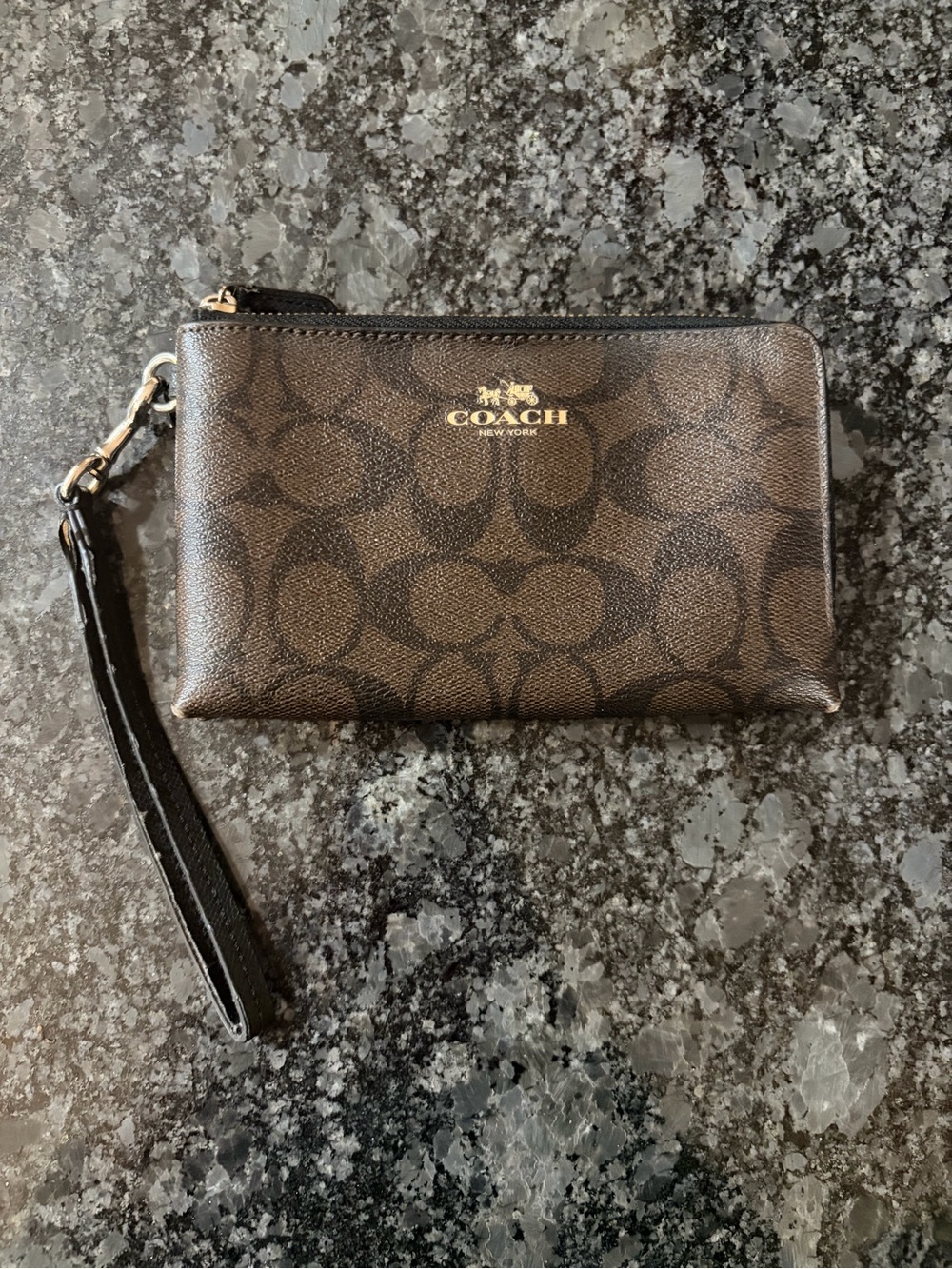 Coach Brown Signature Zip Wristlet with Gold Logo